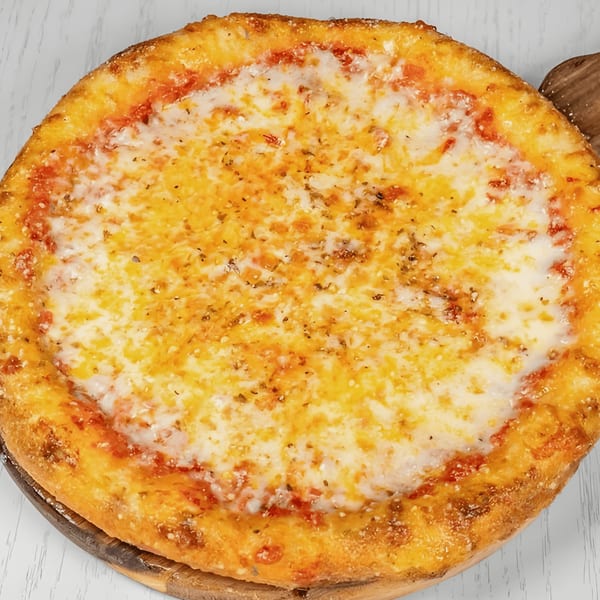 A whole cheese pizza from Pizza Station, with melted mozzarella and a golden crust.