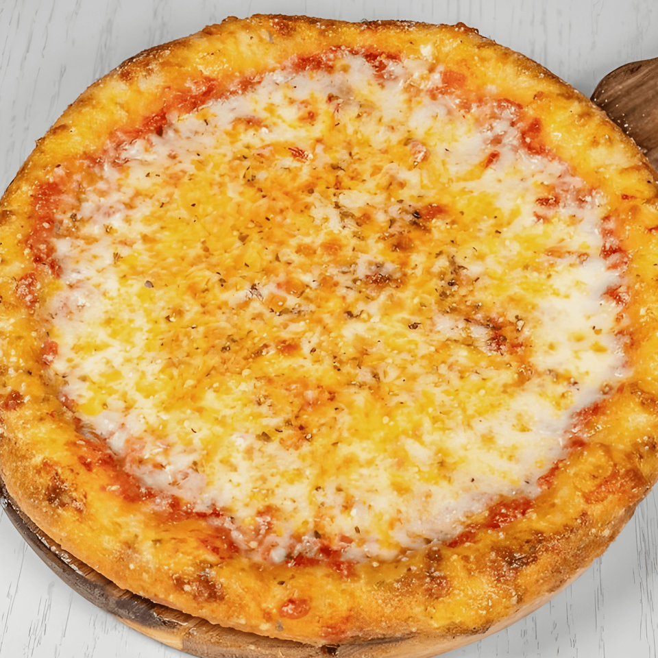 A whole cheese pizza from Pizza Station, with melted mozzarella and a golden crust.